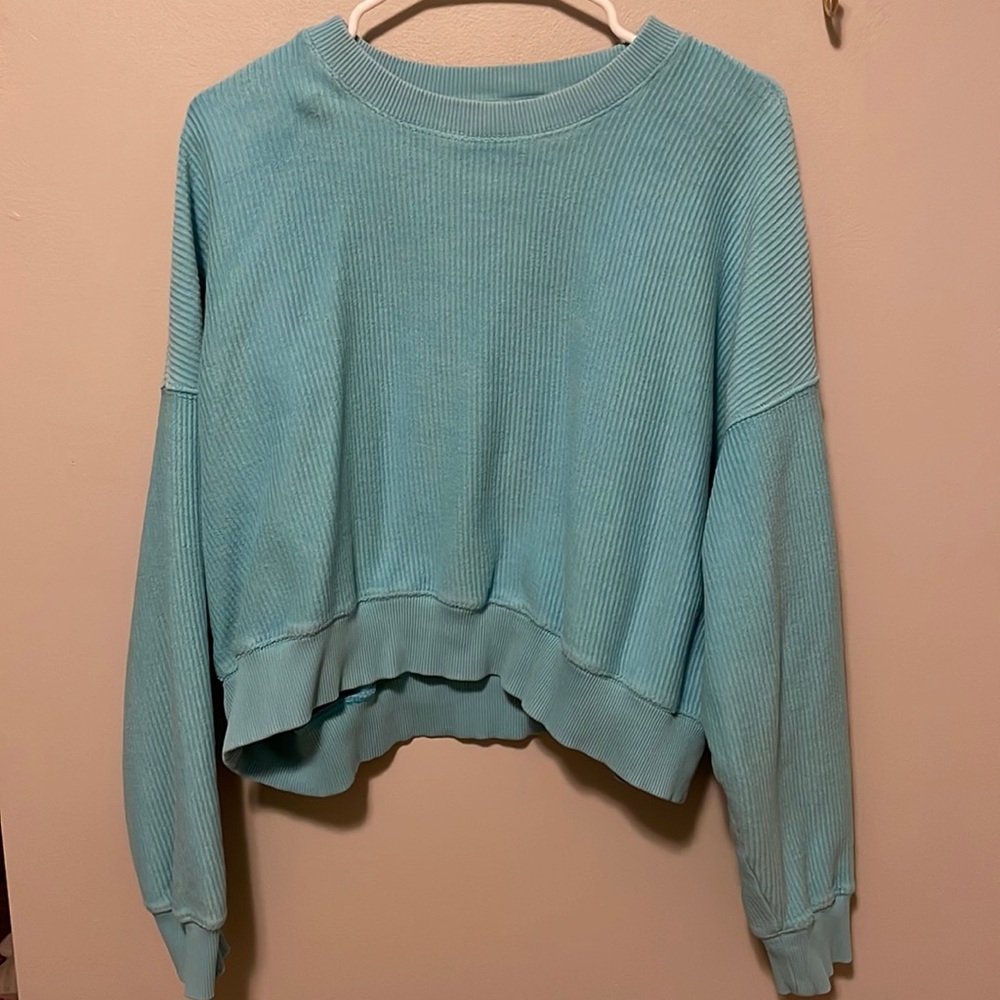 Blue Cropped Corded Sweatshirt